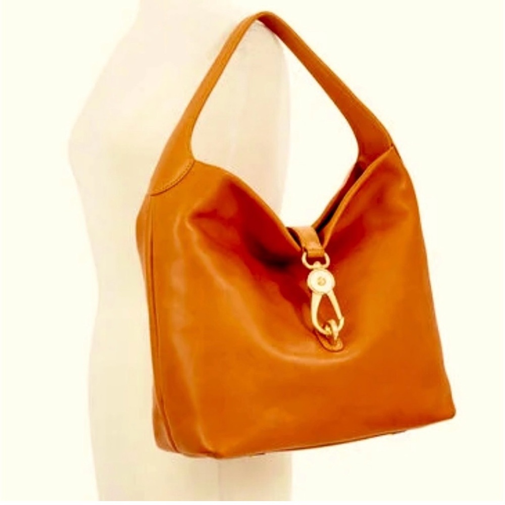 Dooney & Bourke Camel Tan Saddle Pebble Leather LOGO LOCK Hobo Shoulder Bag EUC! - Picture 2 of 11